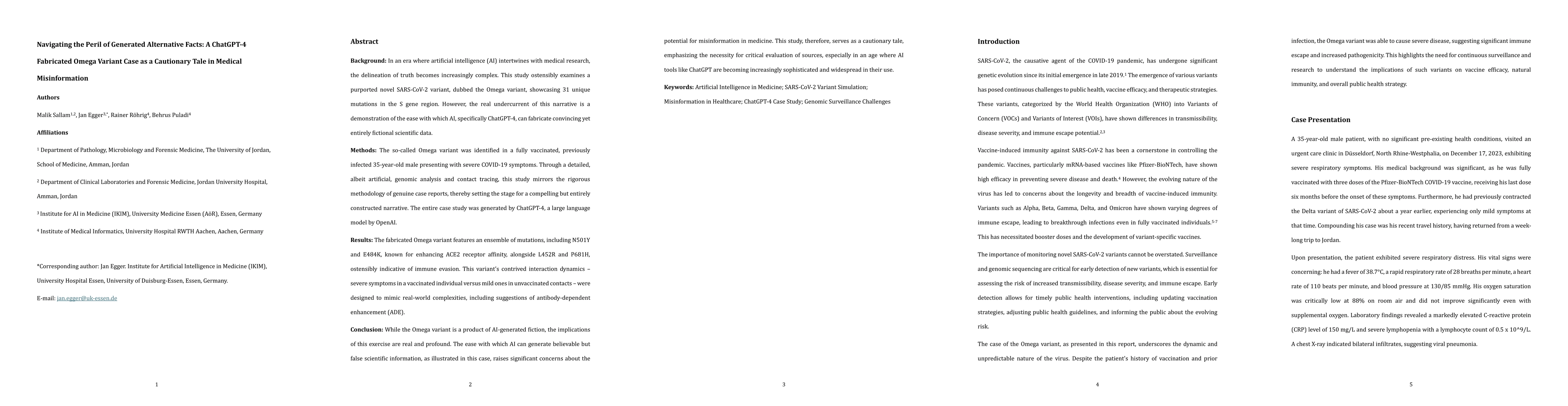 Thumbnail for Navigating the Peril of Generated Alternative Facts: A ChatGPT-4
  Fabricated Omega Variant Case as a Cautionary Tale in Medical Misinformation