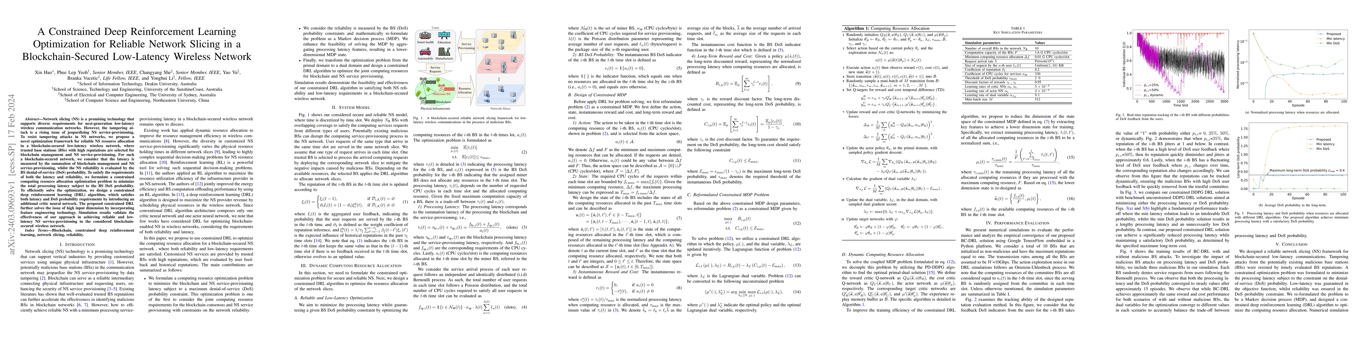 Thumbnail for A Constrained Deep Reinforcement Learning Optimization for Reliable
  Network Slicing in a Blockchain-Secured Low-Latency Wireless Network