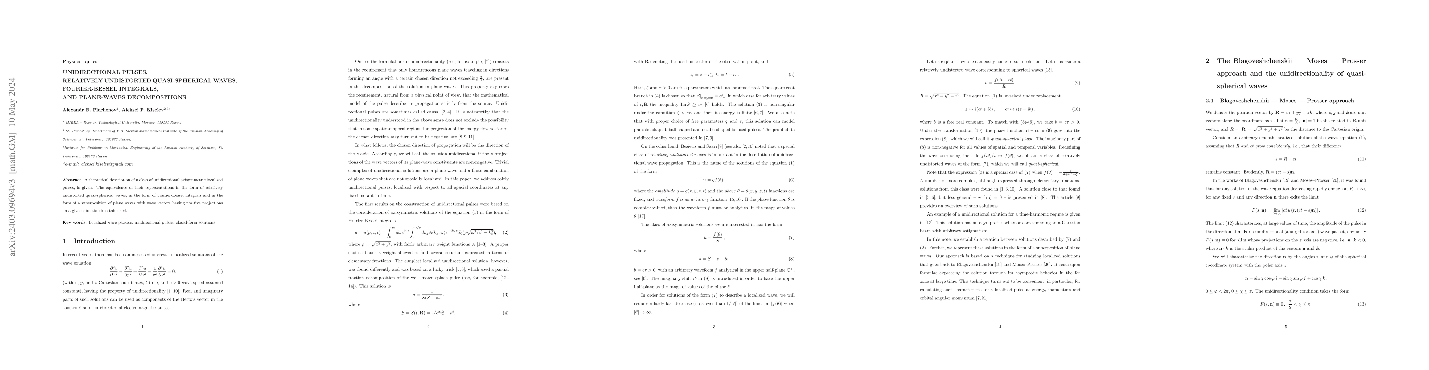 Thumbnail for Unidirectional pulses: relatively undistorted quasi-spherical waves,
  Fourier-Bessel integrals, and plane-waves decompositions