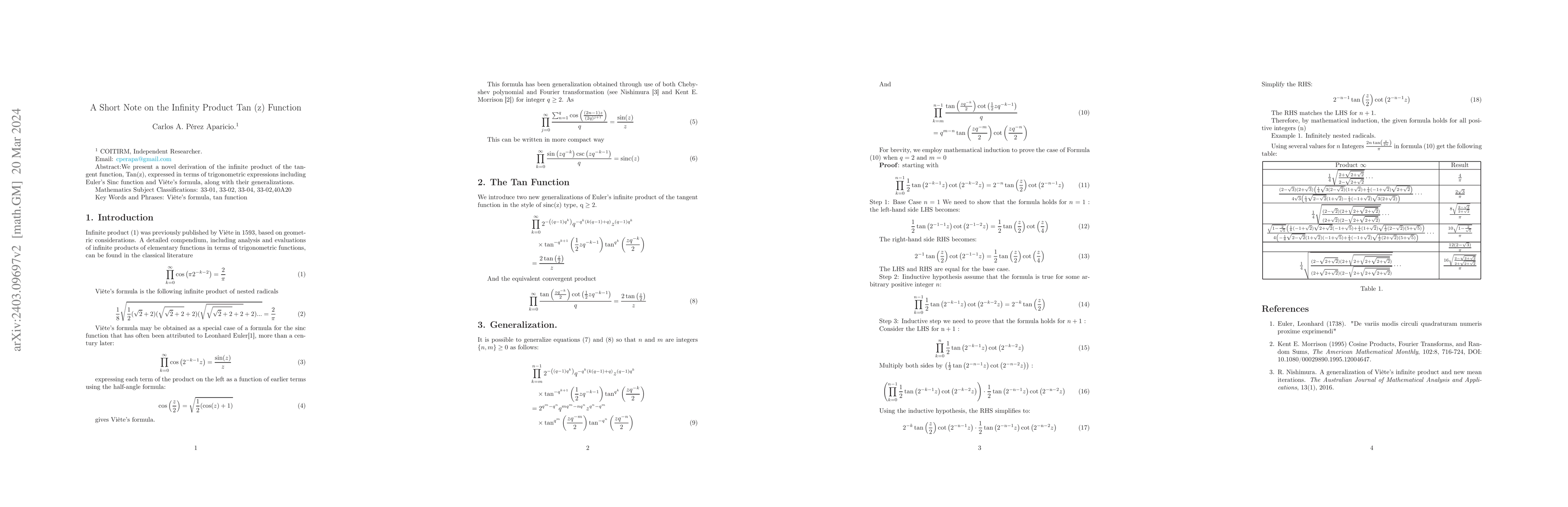 Thumbnail for A Short Note on the Infinity Product Tan (z) Function