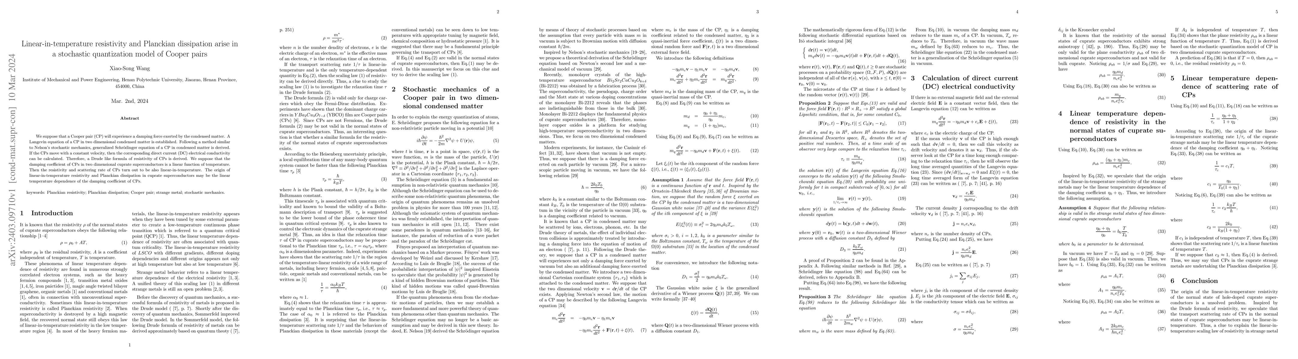 Thumbnail for Linear-in-temperature resistivity and Planckian dissipation arise in a
  stochastic quantization model of Cooper pairs
