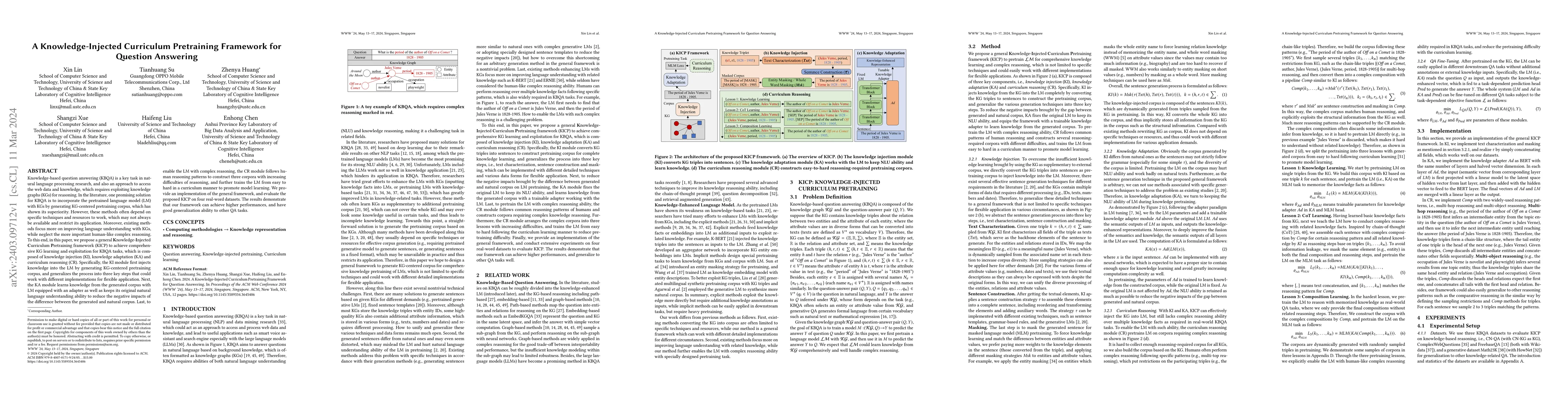 Thumbnail for A Knowledge-Injected Curriculum Pretraining Framework for Question
  Answering