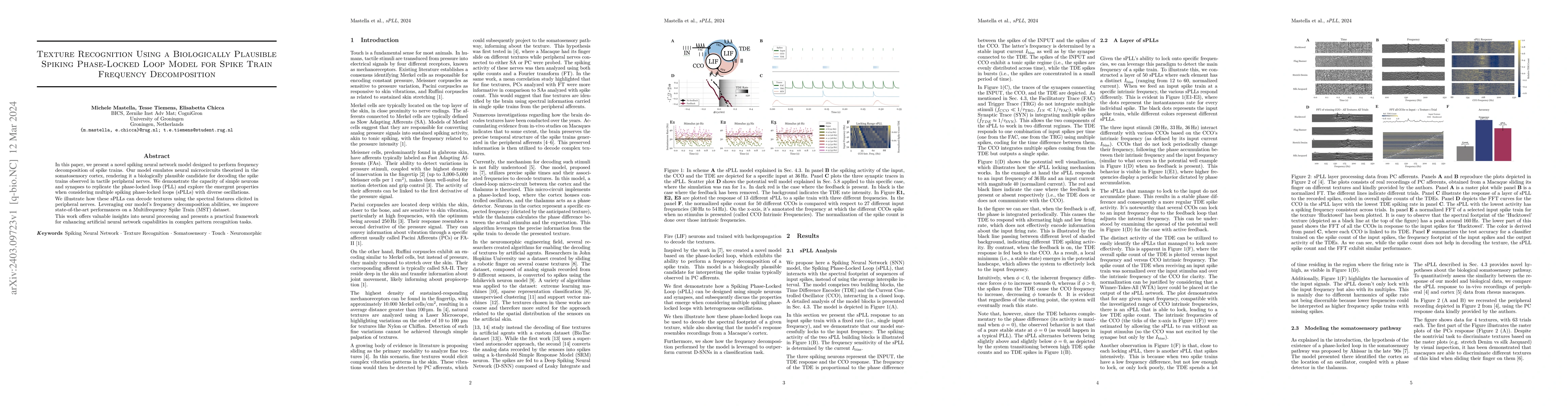 Thumbnail for Texture Recognition Using a Biologically Plausible Spiking Phase-Locked
  Loop Model for Spike Train Frequency Decomposition
