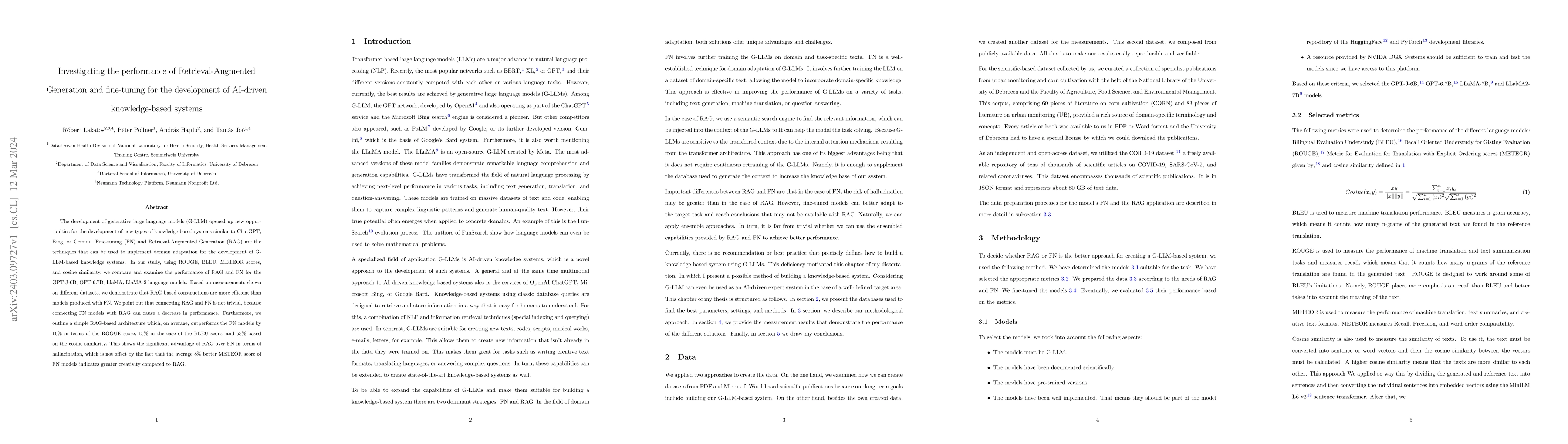 Thumbnail for Investigating the performance of Retrieval-Augmented Generation and
  fine-tuning for the development of AI-driven knowledge-based systems