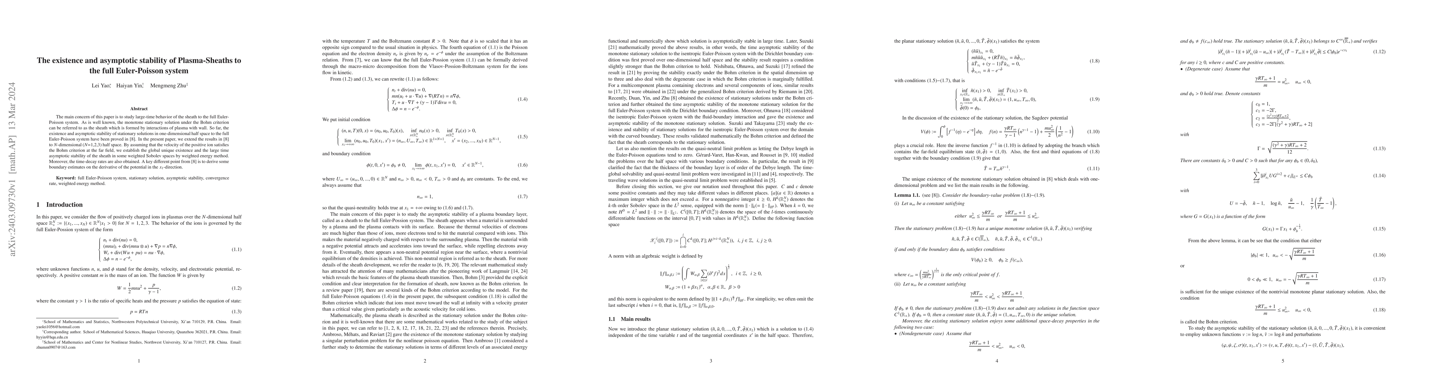 Thumbnail for The existence and asymptotic stability of Plasma-Sheaths to the full
  Euler-Poisson system