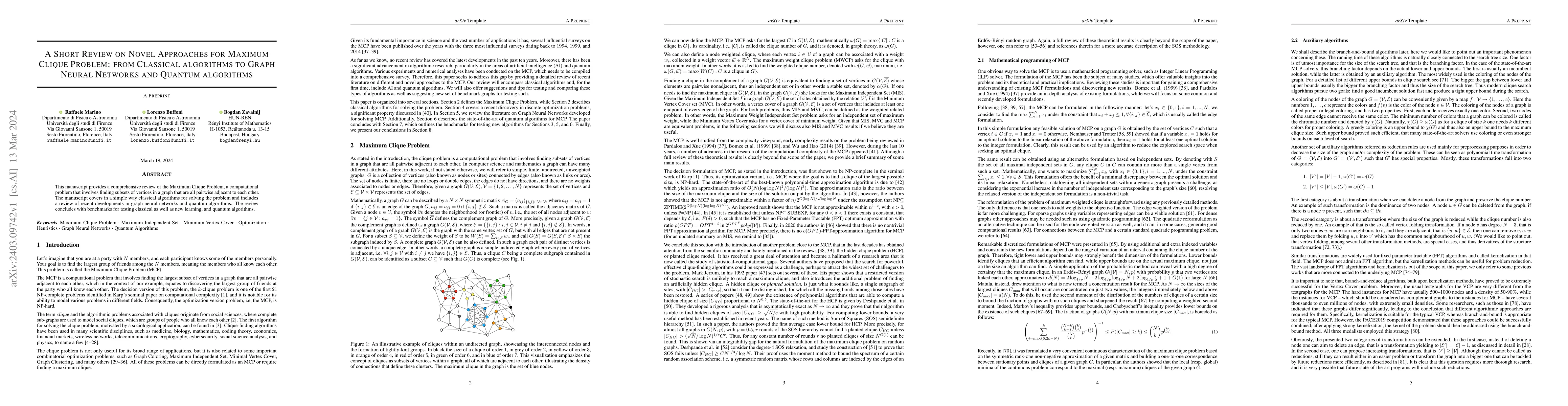 Thumbnail for A Short Review on Novel Approaches for Maximum Clique Problem: from
  Classical algorithms to Graph Neural Networks and Quantum algorithms