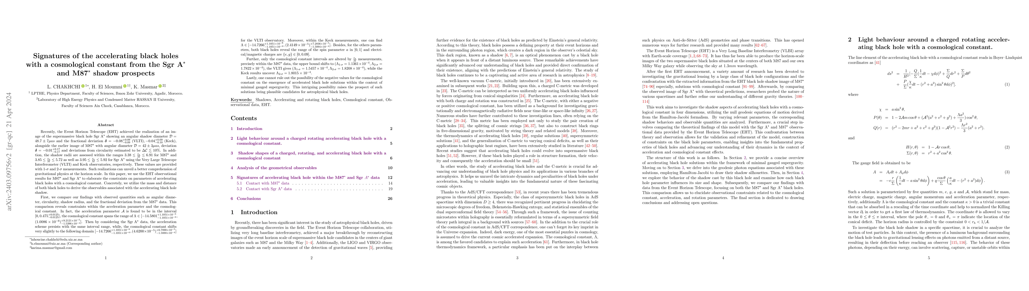 Thumbnail for Signatures of the accelerating black holes with a cosmological constant
  from the $\textrm{Sgr~A}^\star$ and $\textrm{M87}^\star$ shadow prospects