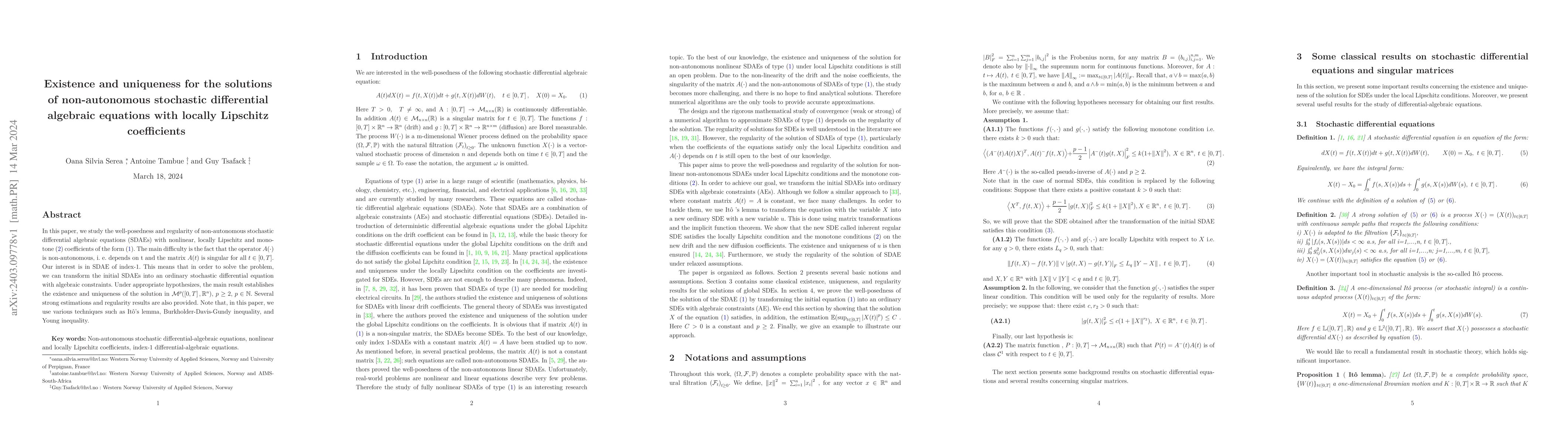 Thumbnail for Existence and uniqueness for the solutions of non-autonomous stochastic
  differential algebraic equations with locally Lipschitz coefficients