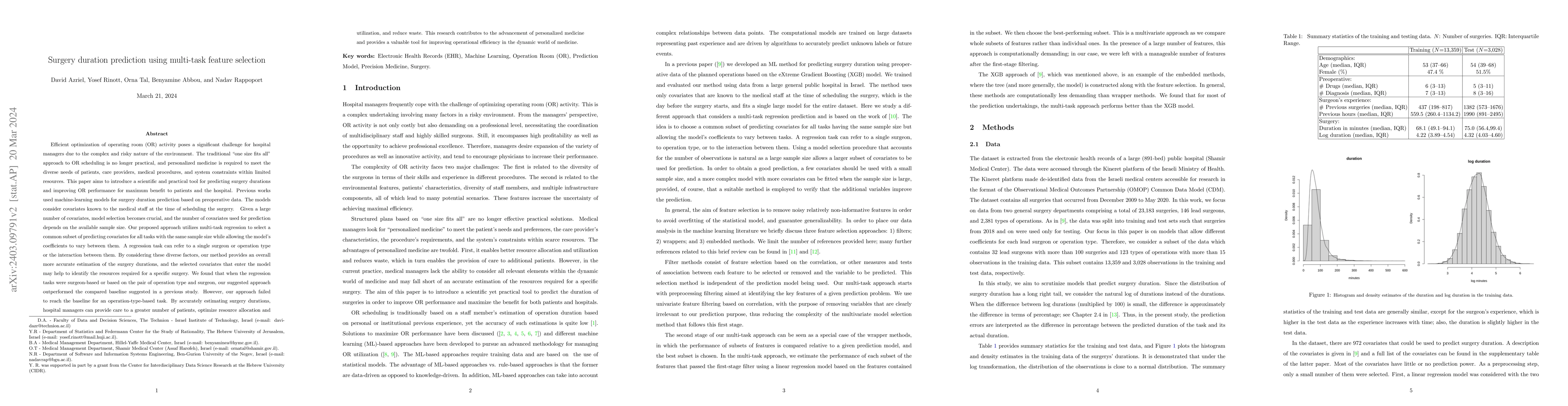 Thumbnail for Surgery duration prediction using multi-task feature selection