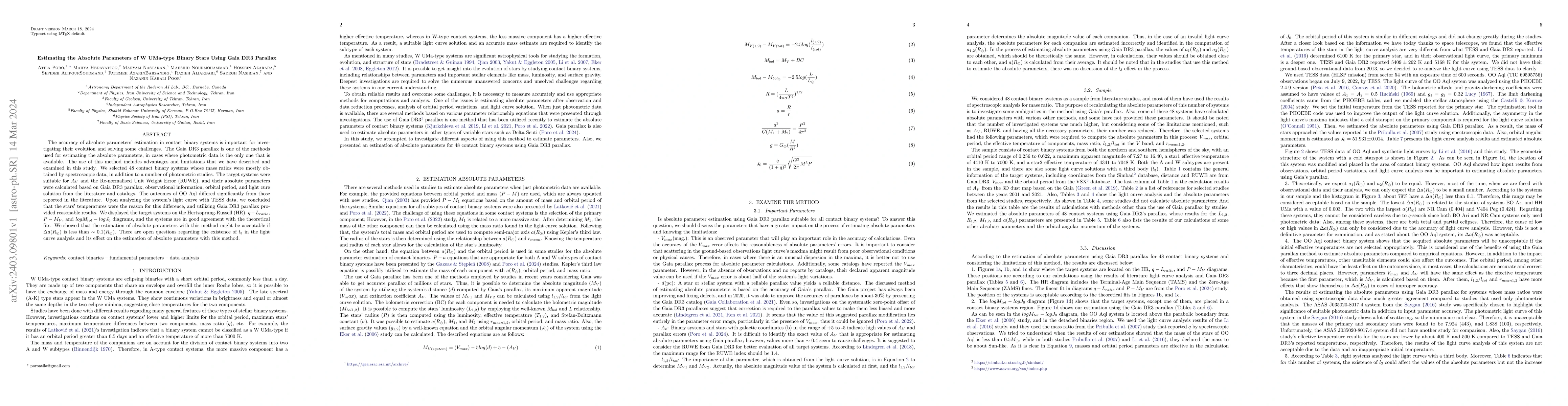Thumbnail for Estimating the Absolute Parameters of W UMa-type Binary Stars Using Gaia
  DR3 Parallax