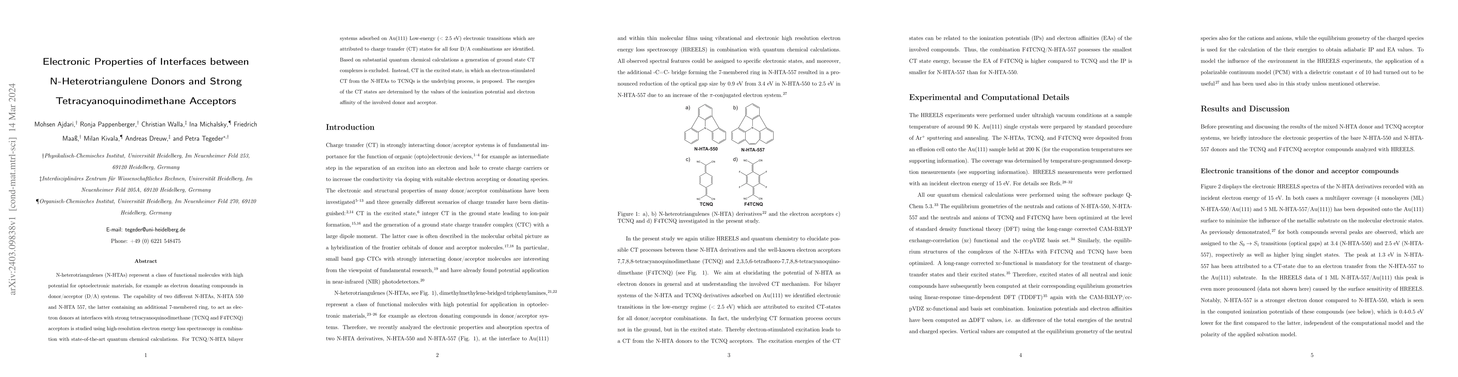 Thumbnail for Electronic Properties of Interfaces between N-Heterotriangulene Donors
  and Strong Tetracyanoquinodimethane Acceptors