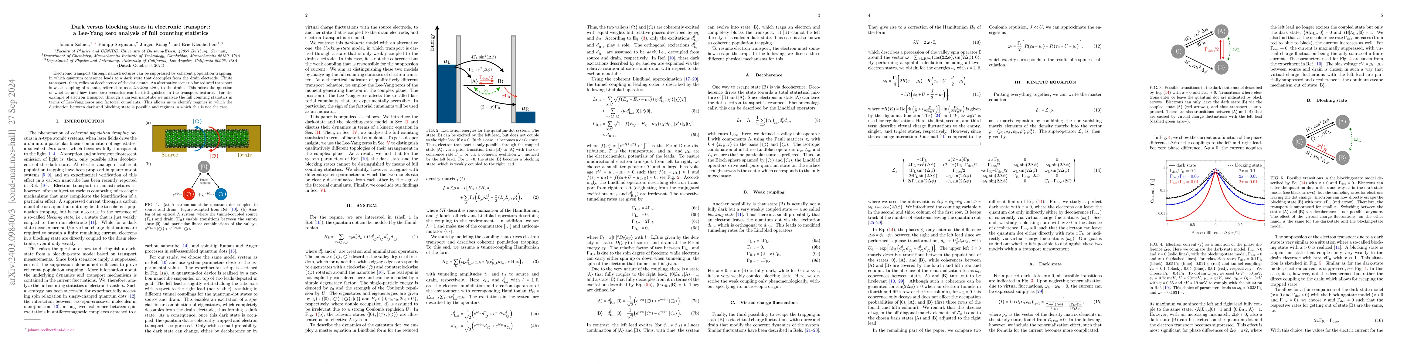 Thumbnail for Dark versus blocking states in electronic transport: a Lee-Yang zero
  analysis of full counting statistics
