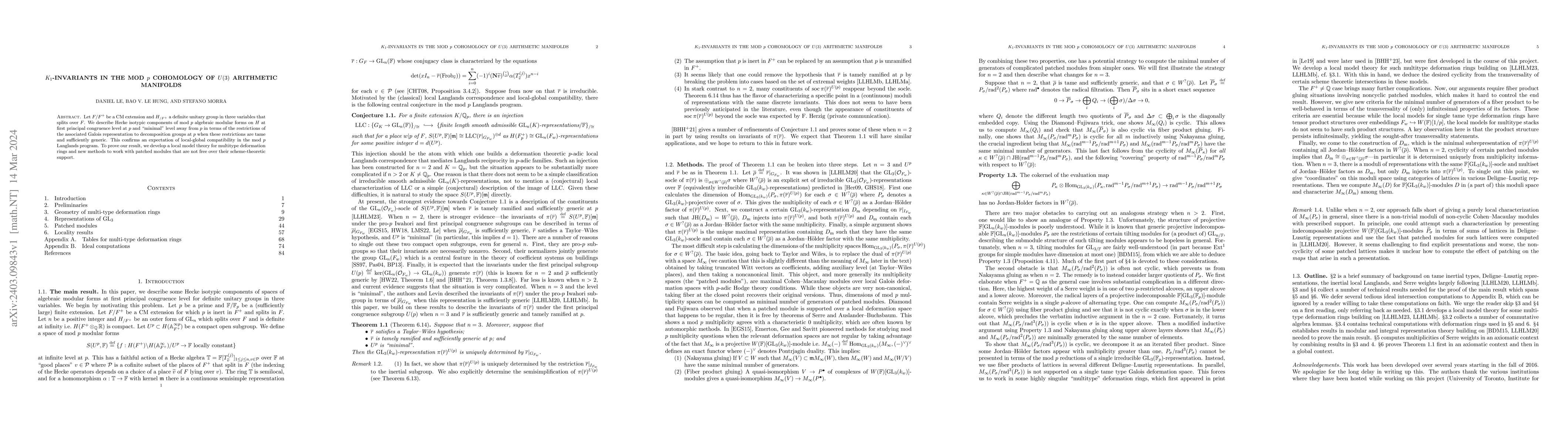 Thumbnail for $K_1$-invariants in the mod $p$ cohomology of $U(3)$ arithmetic
  manifolds