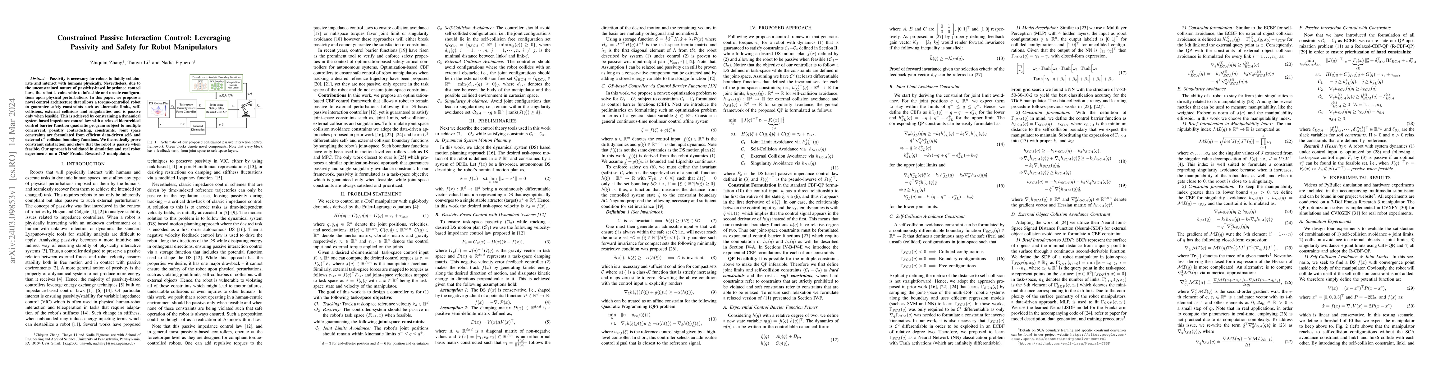 Thumbnail for Constrained Passive Interaction Control: Leveraging Passivity and Safety
  for Robot Manipulators