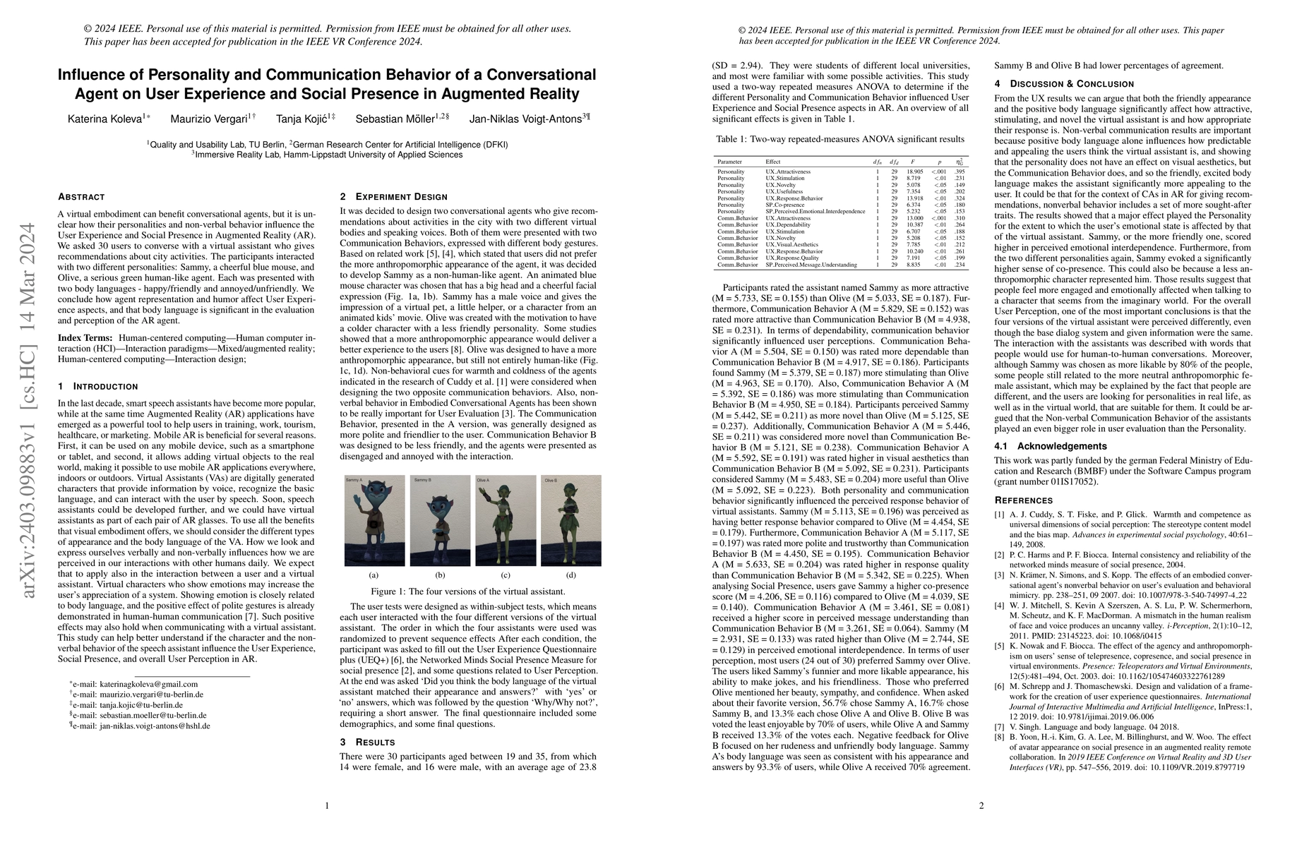 Thumbnail for Influence of Personality and Communication Behavior of a Conversational
  Agent on User Experience and Social Presence in Augmented Reality