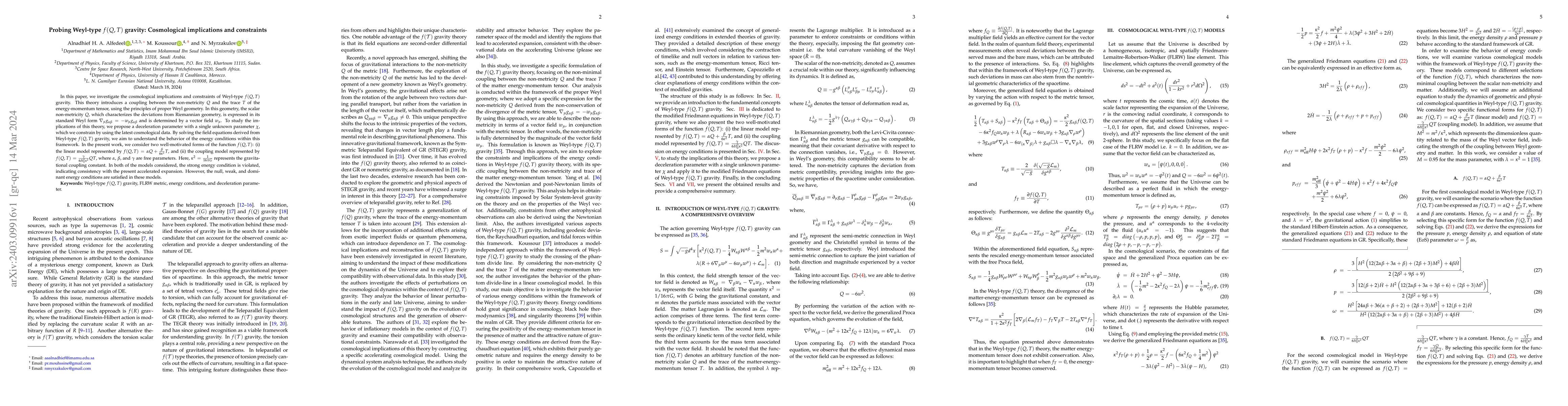 Thumbnail for Probing Weyl-type $f(Q, T)$ gravity: Cosmological implications and
  constraints