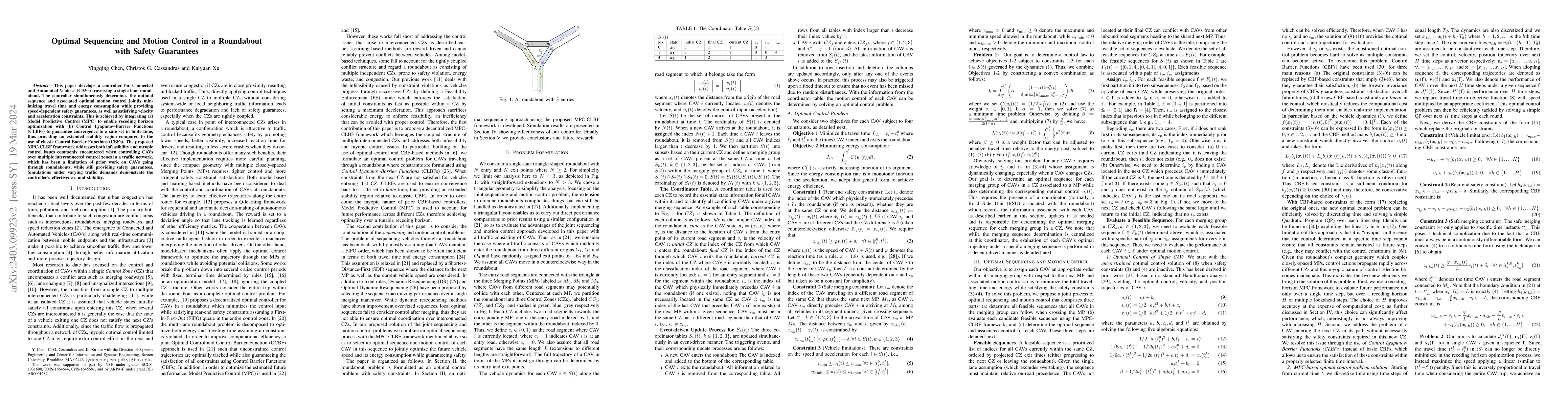 Thumbnail for Optimal Sequencing and Motion Control in a Roundabout with Safety
  Guarantees
