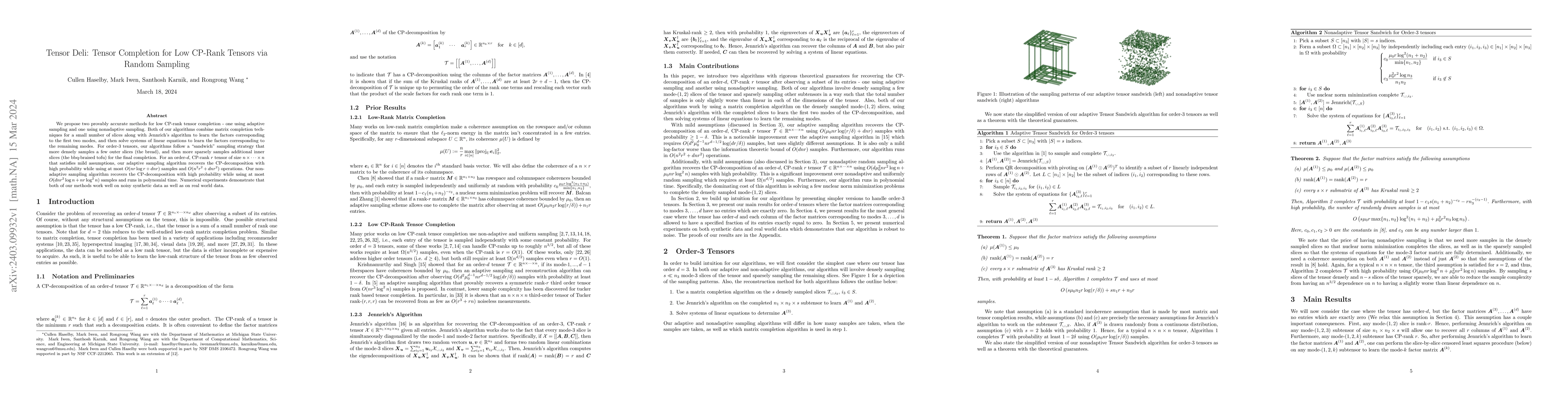 Thumbnail for Tensor Deli: Tensor Completion for Low CP-Rank Tensors via Random
  Sampling