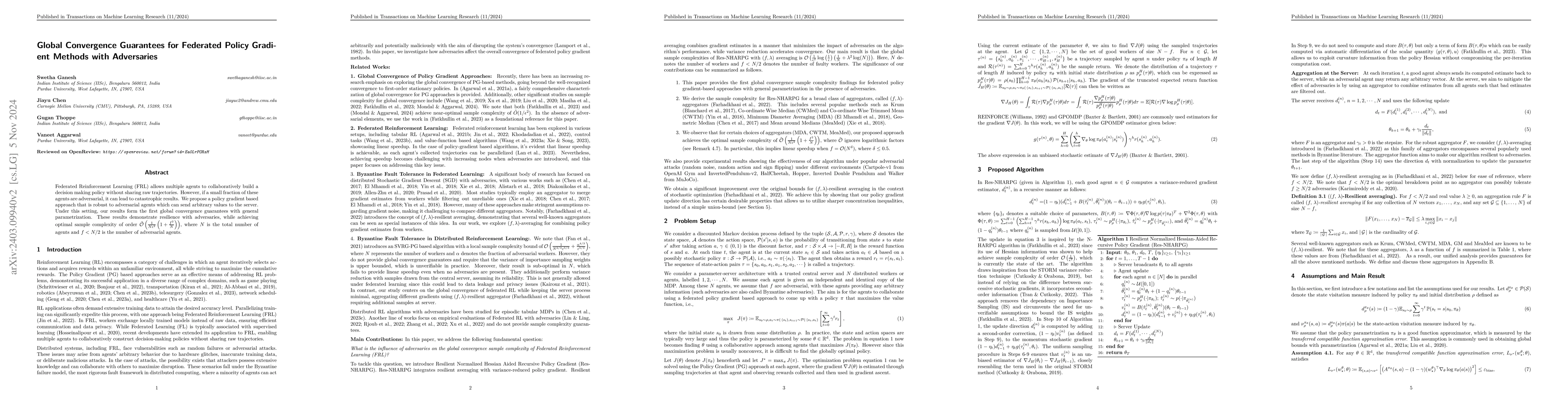 Thumbnail for Global Convergence Guarantees for Federated Policy Gradient Methods with
  Adversaries