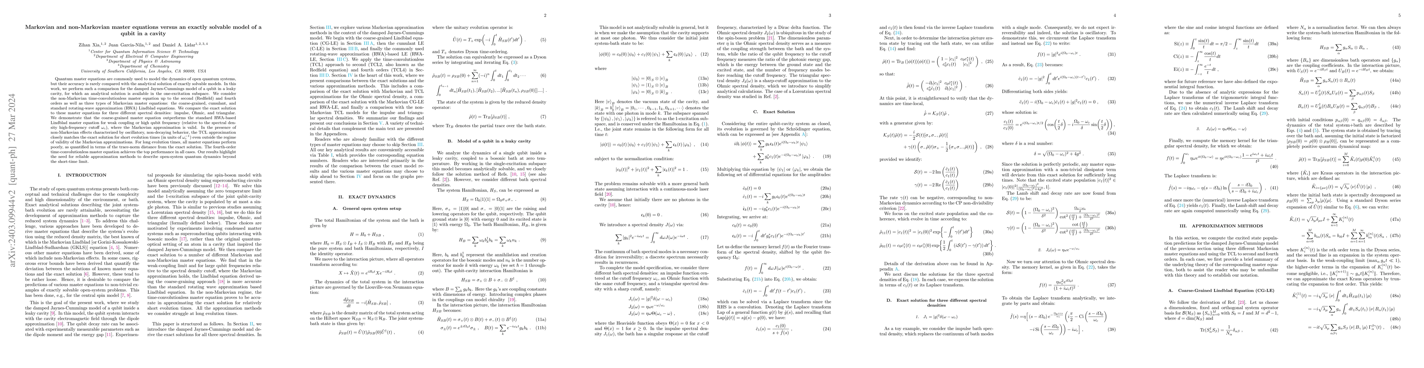 Thumbnail for Markovian and non-Markovian master equations versus an exactly solvable
  model of a qubit in a cavity