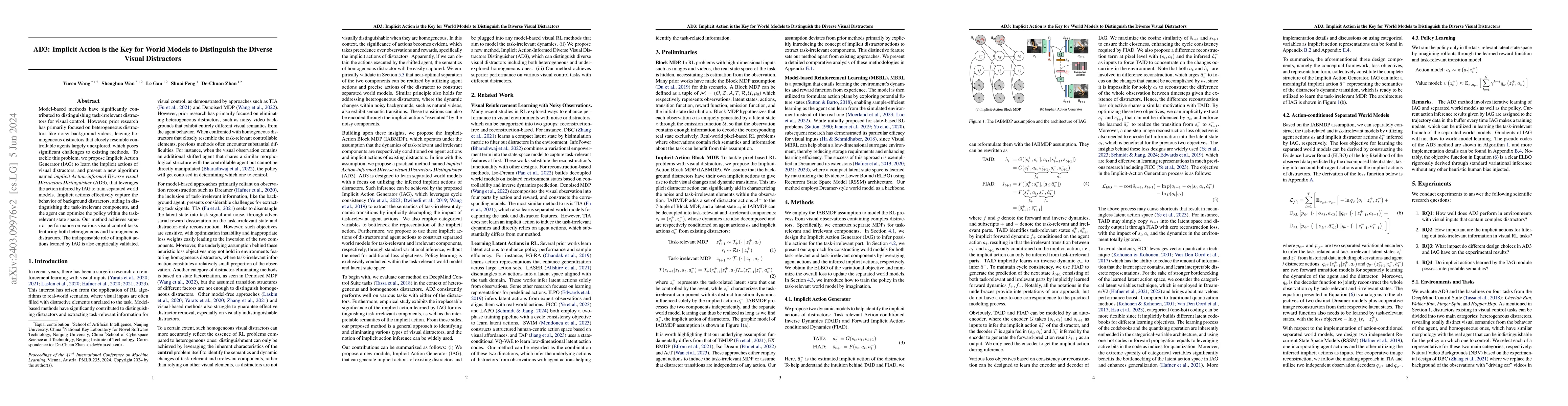 Thumbnail for AD3: Implicit Action is the Key for World Models to Distinguish the
  Diverse Visual Distractors