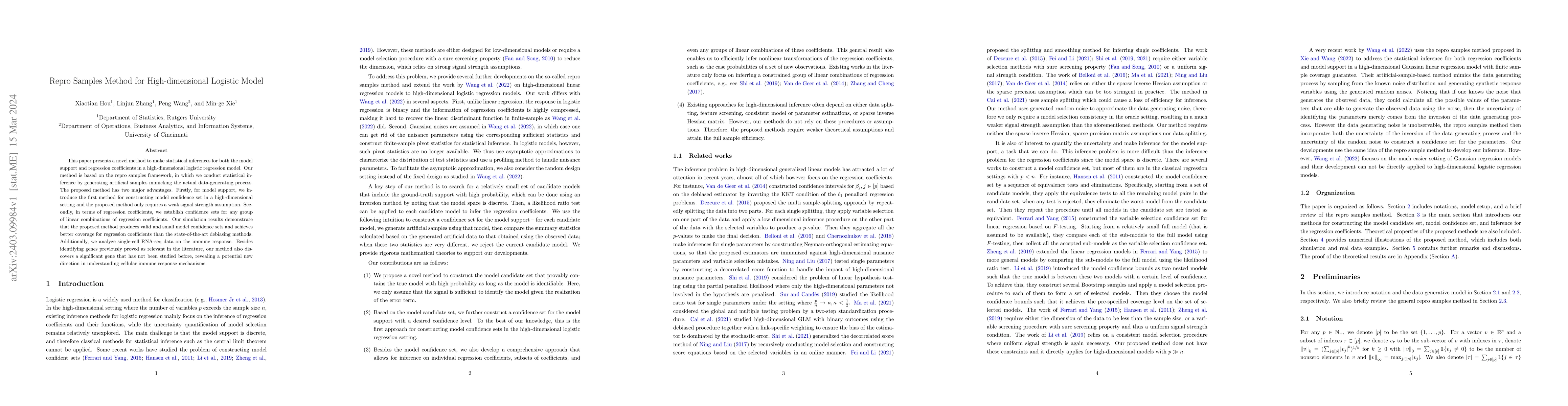 Thumbnail for Repro Samples Method for High-dimensional Logistic Model