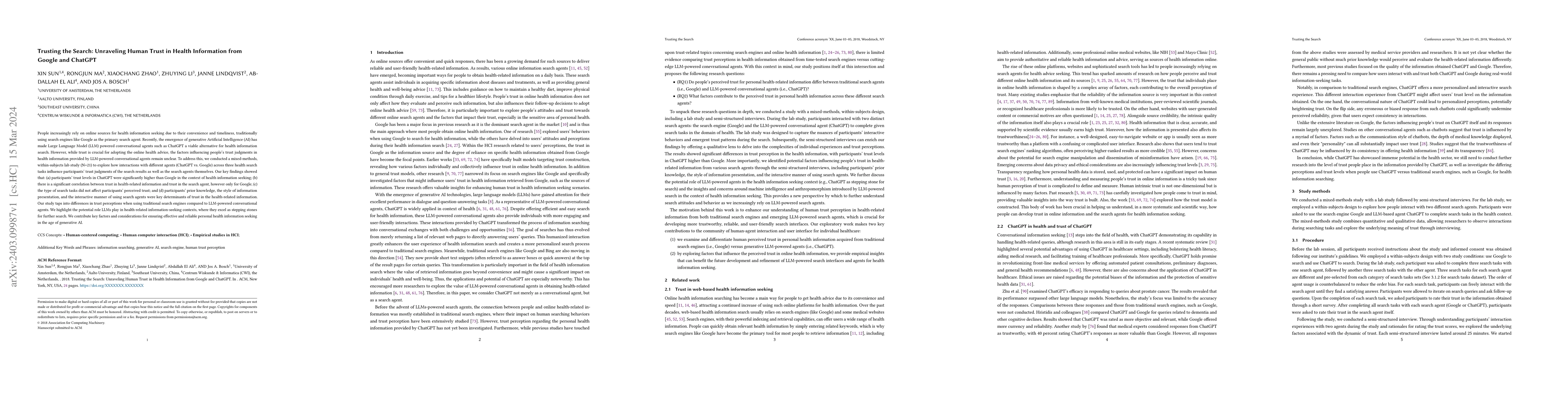Thumbnail for Trusting the Search: Unraveling Human Trust in Health Information from
  Google and ChatGPT