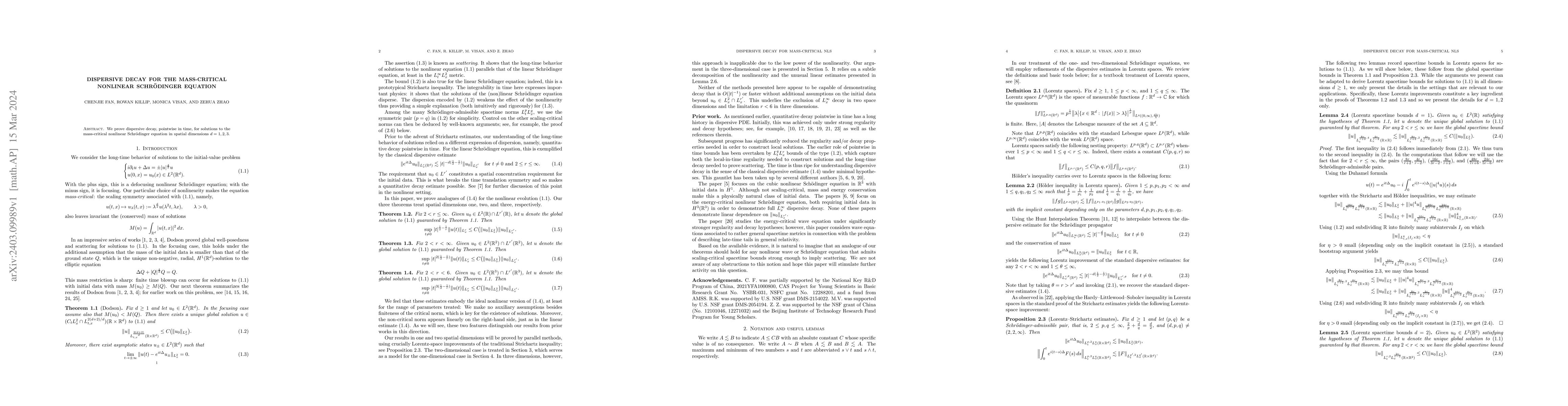 Thumbnail for Dispersive decay for the mass-critical nonlinear Schr\"odinger equation