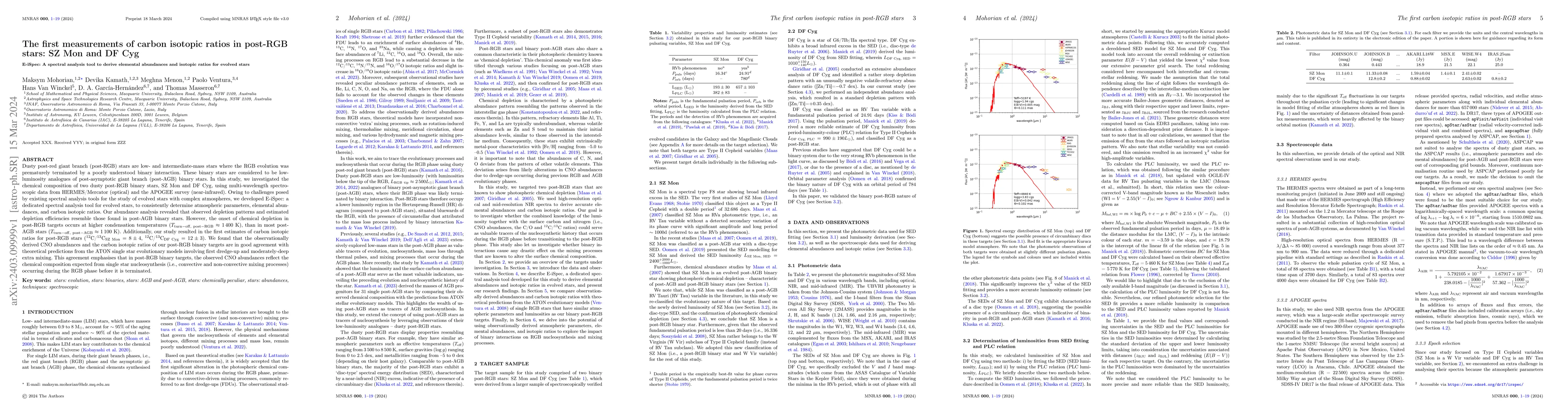 Thumbnail for The first measurements of carbon isotopic ratios in post-RGB stars: SZ
  Mon and DF Cyg. E-iSpec: A spectral analysis tool to derive elemental
  abundances and isotopic ratios for evolved stars