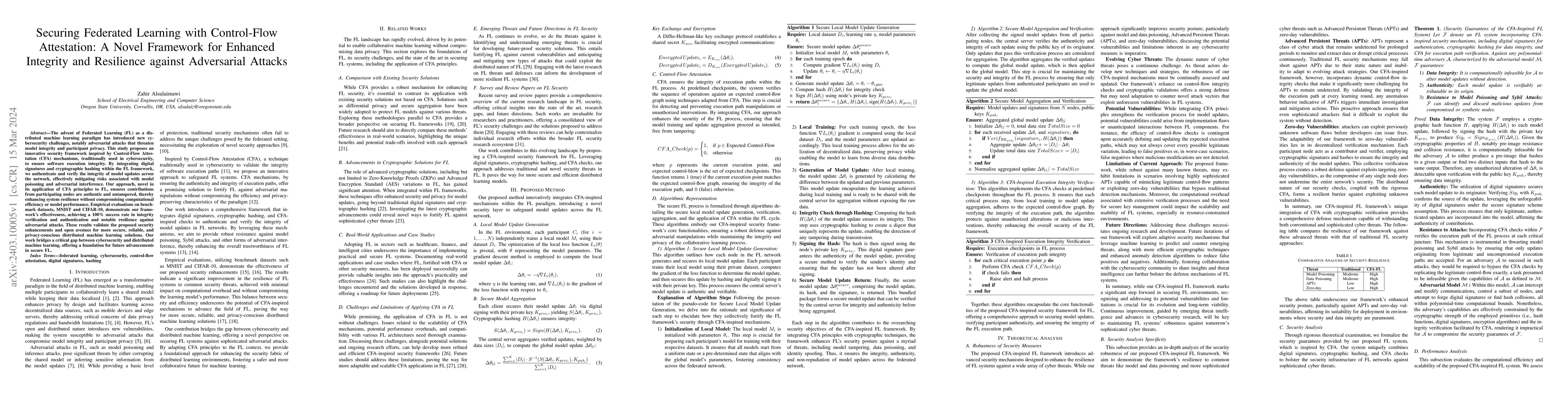 Thumbnail for Securing Federated Learning with Control-Flow Attestation: A Novel
  Framework for Enhanced Integrity and Resilience against Adversarial Attacks