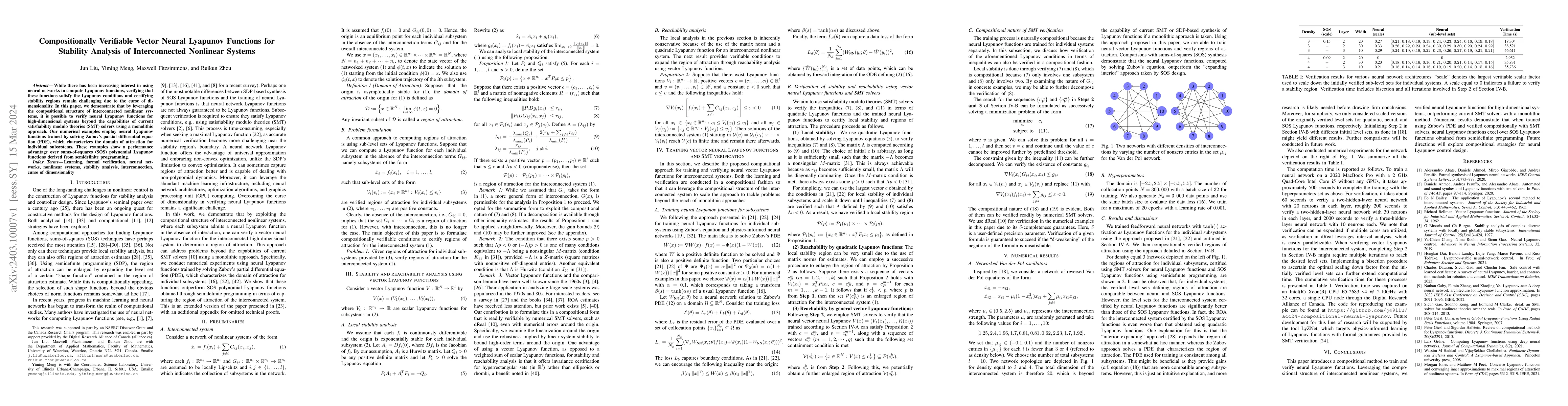 Thumbnail for Compositionally Verifiable Vector Neural Lyapunov Functions for
  Stability Analysis of Interconnected Nonlinear Systems