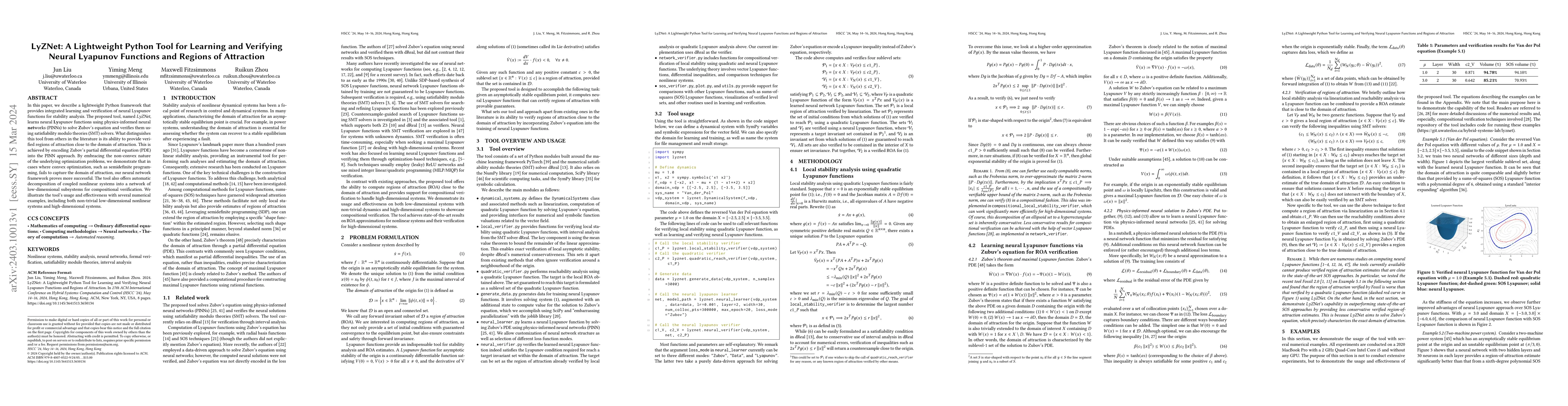 Thumbnail for LyZNet: A Lightweight Python Tool for Learning and Verifying Neural
  Lyapunov Functions and Regions of Attraction