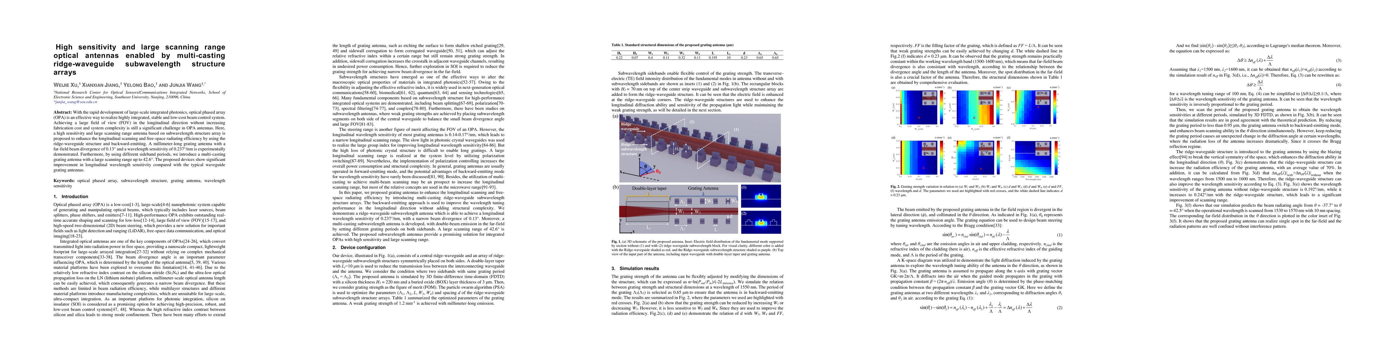 Thumbnail for High sensitivity and large scanning range optical antennas enabled by
  multi-casting ridge-waveguide subwavelength structure arrays