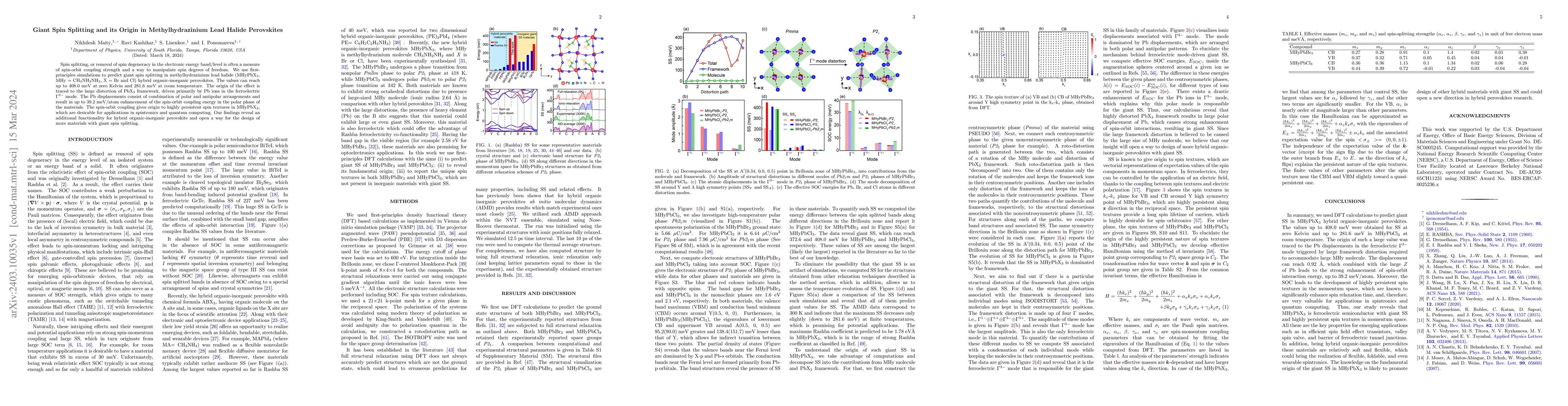 Thumbnail for Giant Spin Splitting and its Origin in Methylhydrazinium Lead Halide
  Perovskites