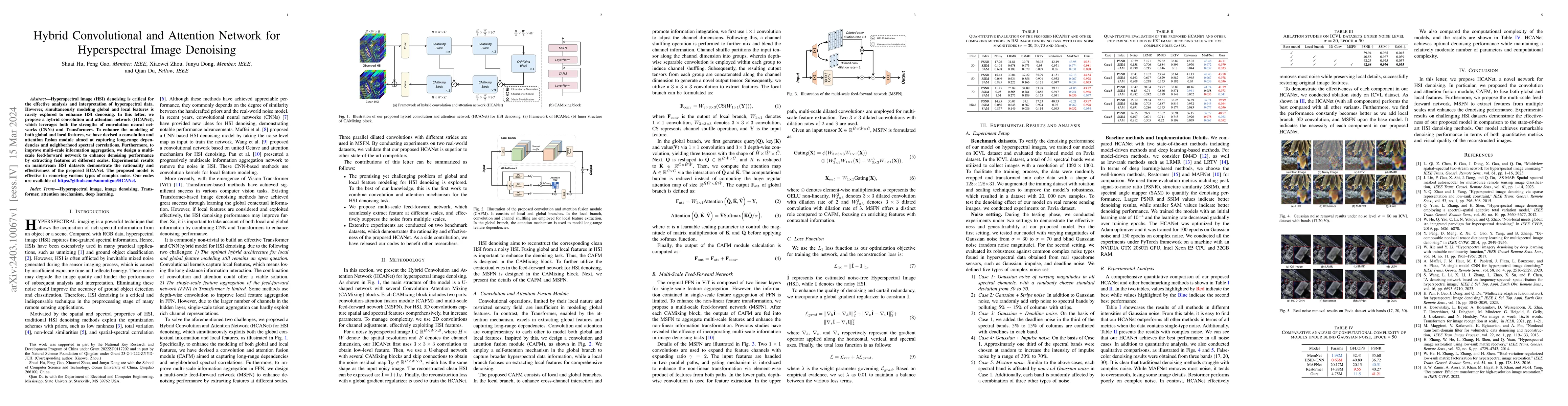 Thumbnail for Hybrid Convolutional and Attention Network for Hyperspectral Image
  Denoising