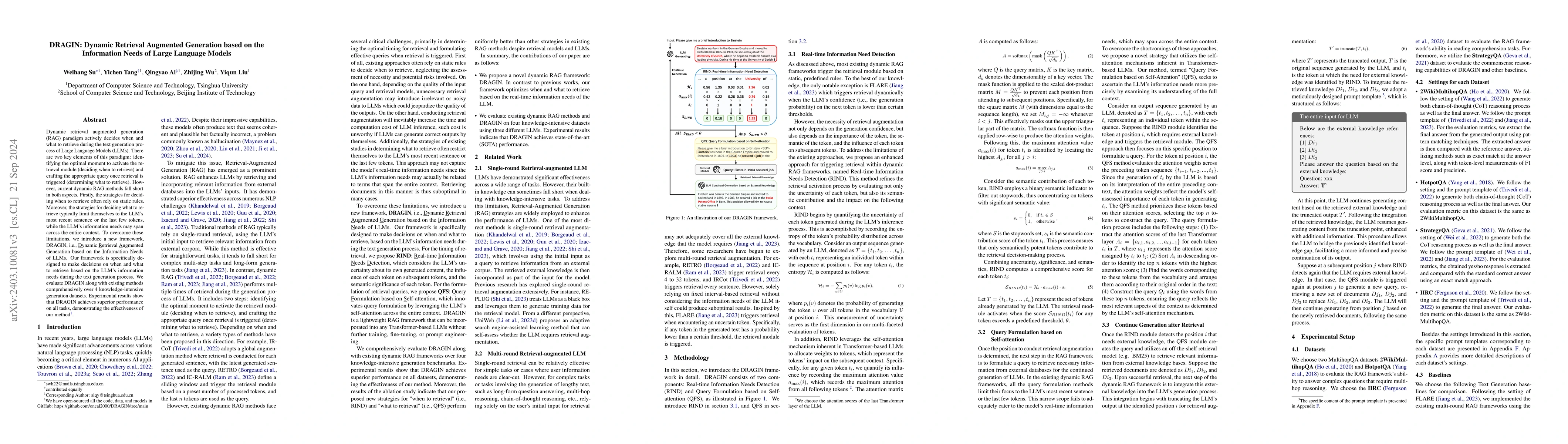 Thumbnail for DRAGIN: Dynamic Retrieval Augmented Generation based on the Information
  Needs of Large Language Models