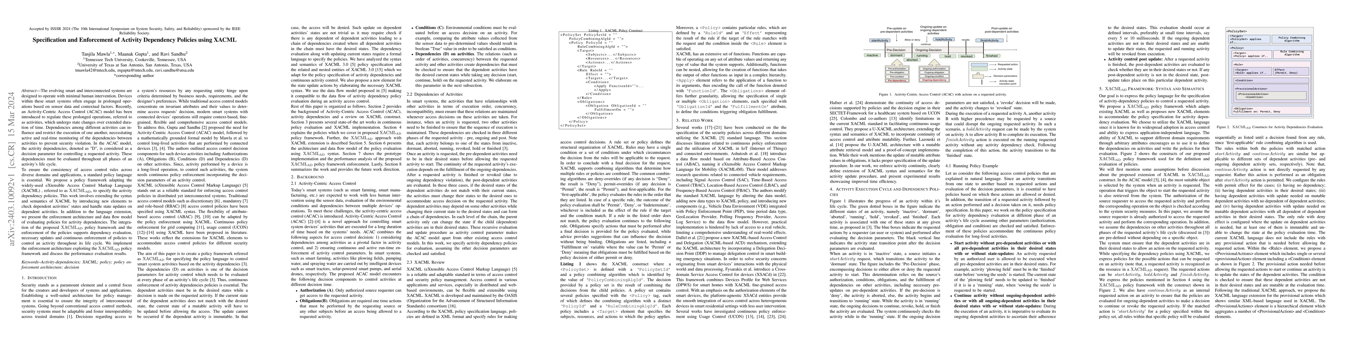 Thumbnail for Specification and Enforcement of Activity Dependency Policies using
  XACML