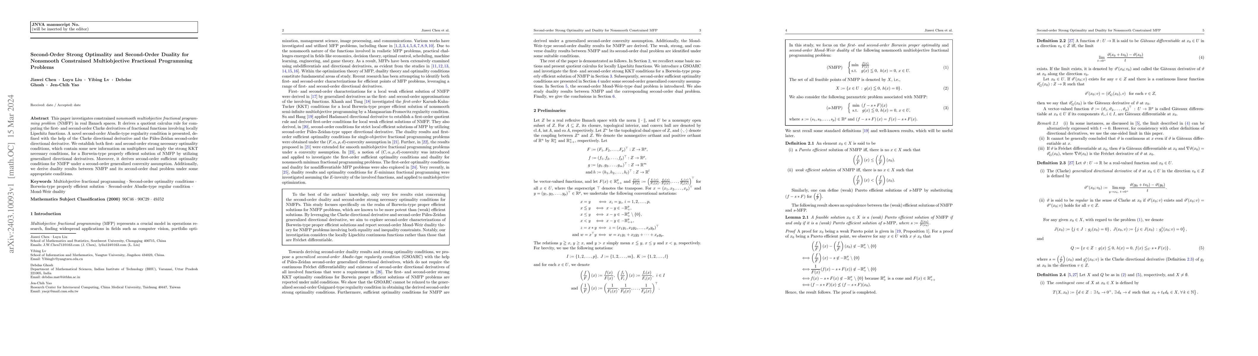 Thumbnail for Second-Order Strong Optimality and Second-Order Duality for Nonsmooth
  Constrained Multiobjective Fractional Programming Problems