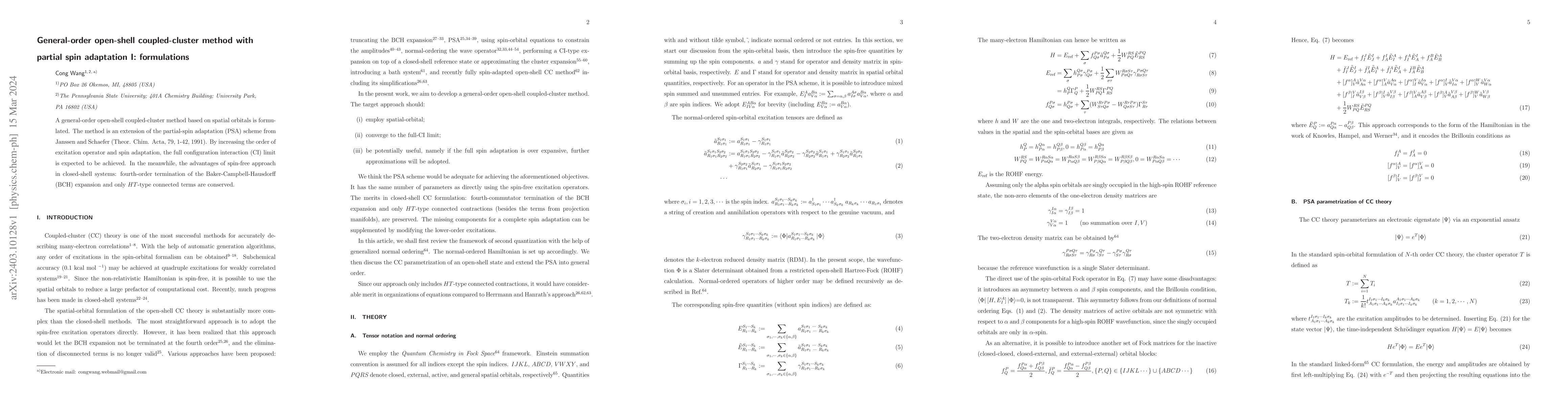 Thumbnail for General-order open-shell coupled-cluster method with partial spin
  adaptation I: formulations