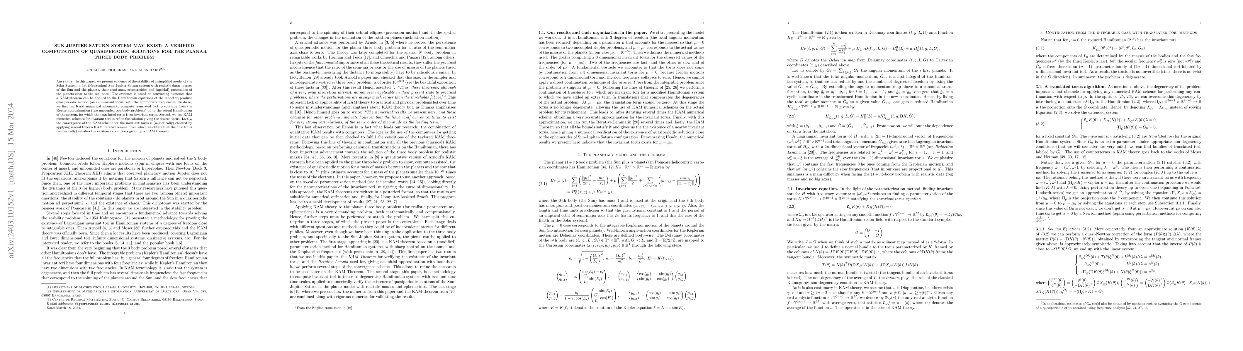 Thumbnail for Sun-Jupiter-Saturn System may exist: A verified computation of
  quasiperiodic solutions for the planar three body problem