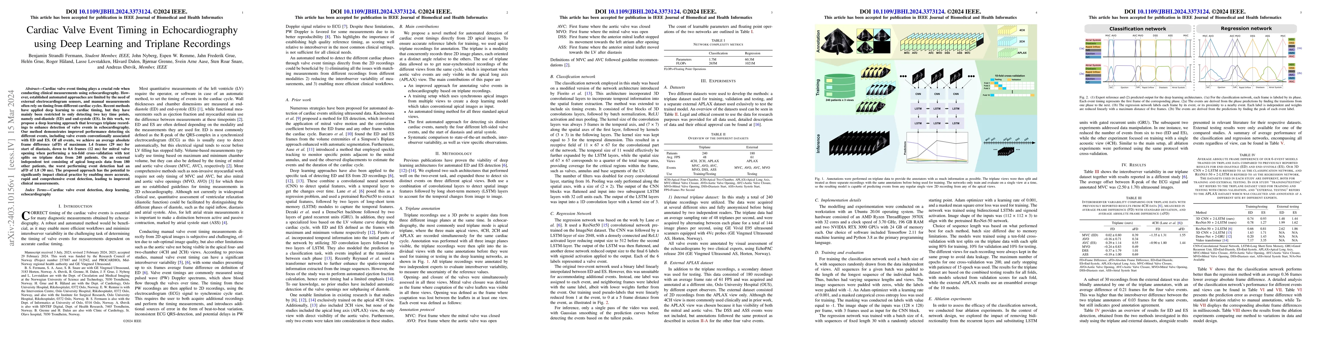 Thumbnail for Cardiac valve event timing in echocardiography using deep learning and
  triplane recordings