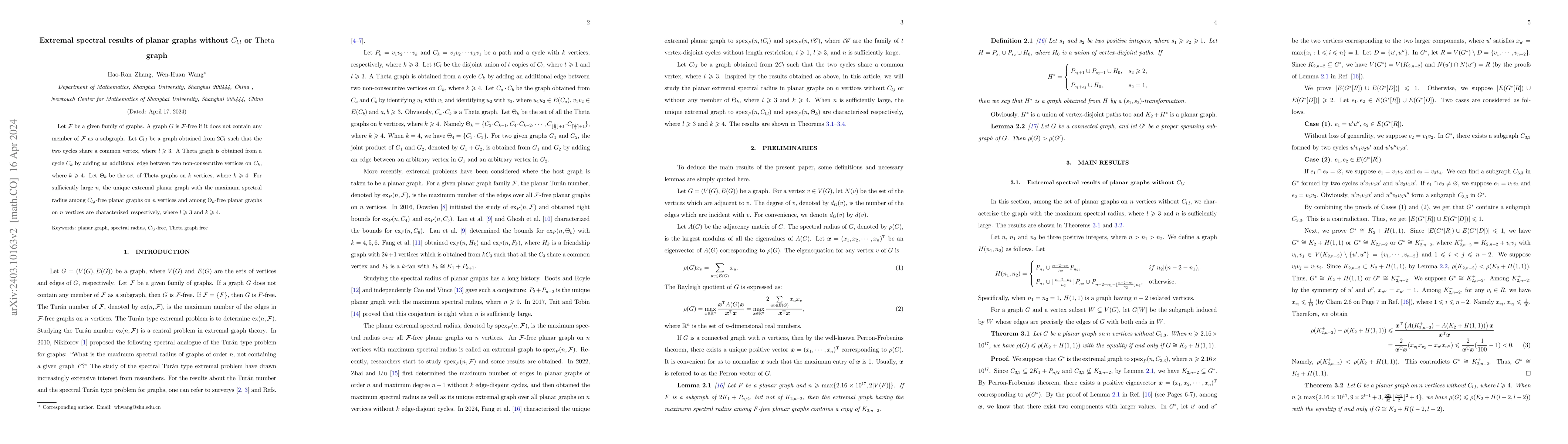 Thumbnail for Extremal spectral results of planar graphs without $C_{l, l}$ or
  $\mathrm{Theta}$ graph