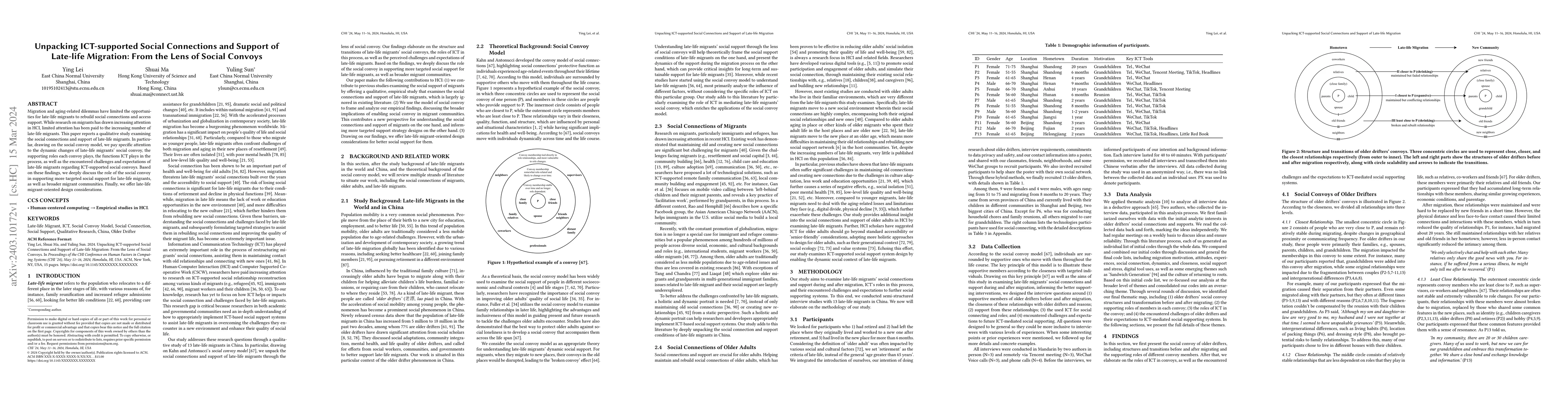 Thumbnail for Unpacking ICT-supported Social Connections and Support of Late-life
  Migration: From the Lens of Social Convoys