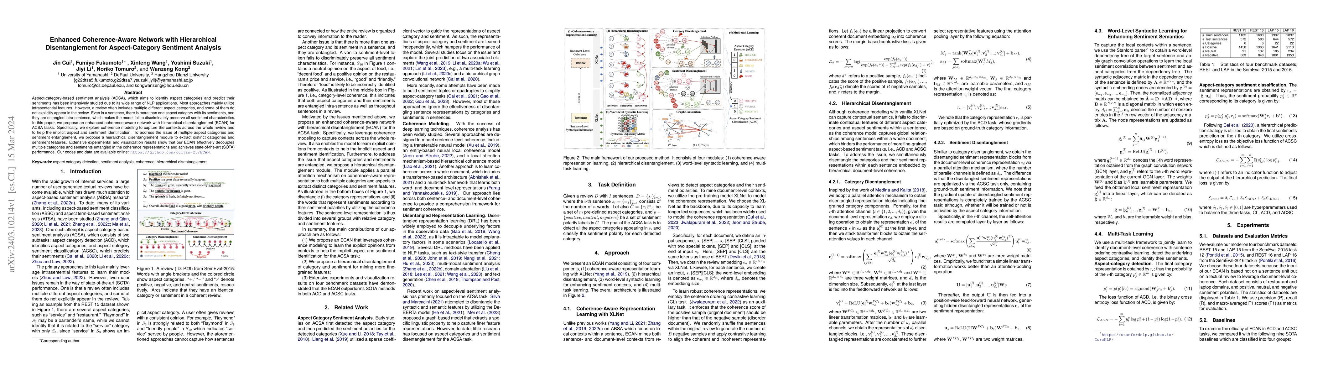 Thumbnail for Enhanced Coherence-Aware Network with Hierarchical Disentanglement for
  Aspect-Category Sentiment Analysis