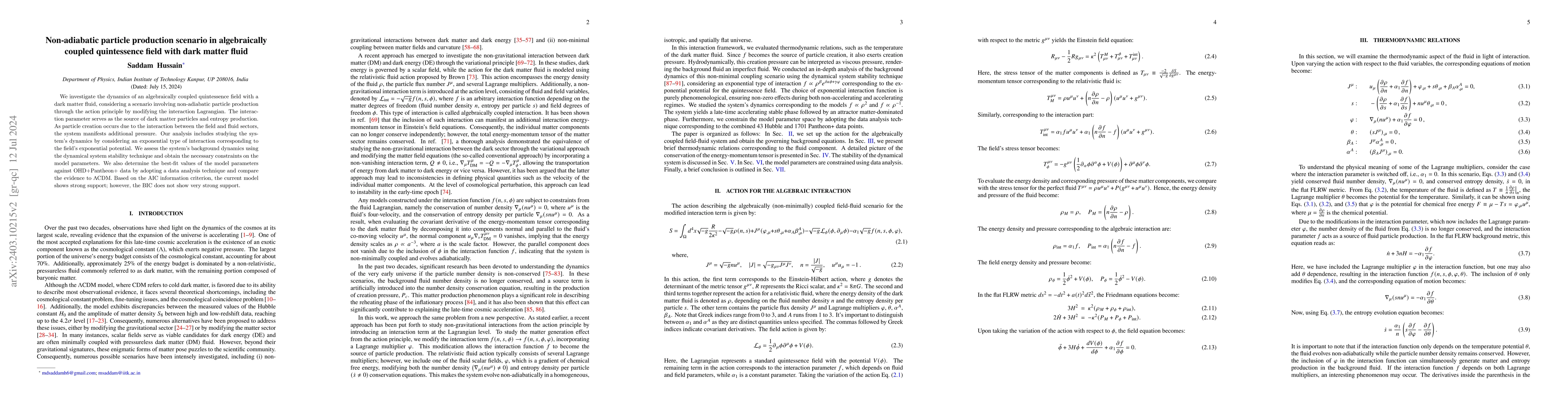 Thumbnail for Non-adiabatic particle production scenario in algebraically coupled
  quintessence field with dark matter fluid