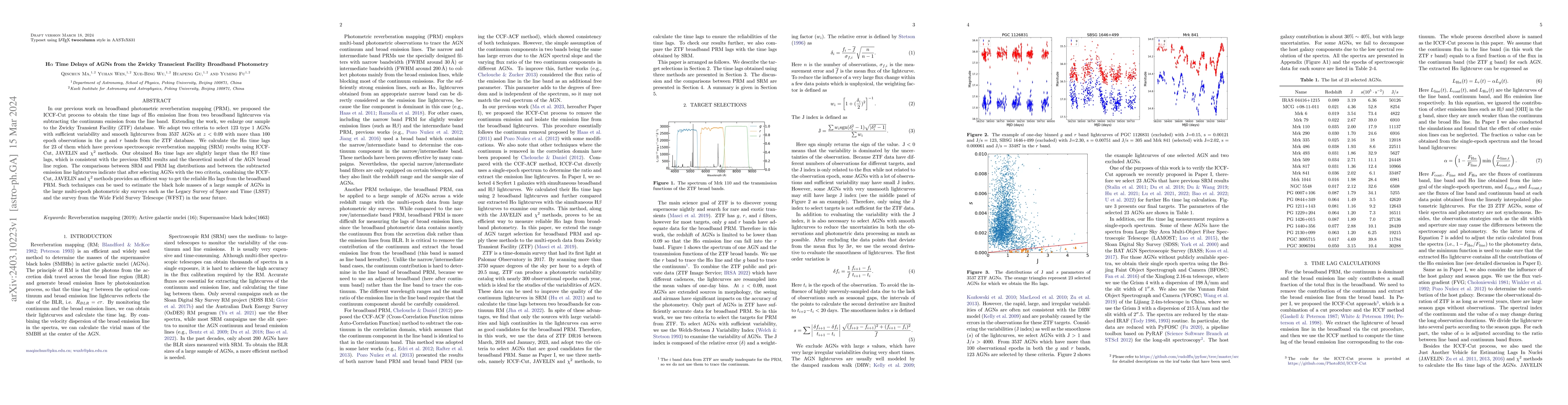 Thumbnail for H$\alpha$ Time Delays of AGNs from the Zwicky Transcient Facility
  Broadband Photometry