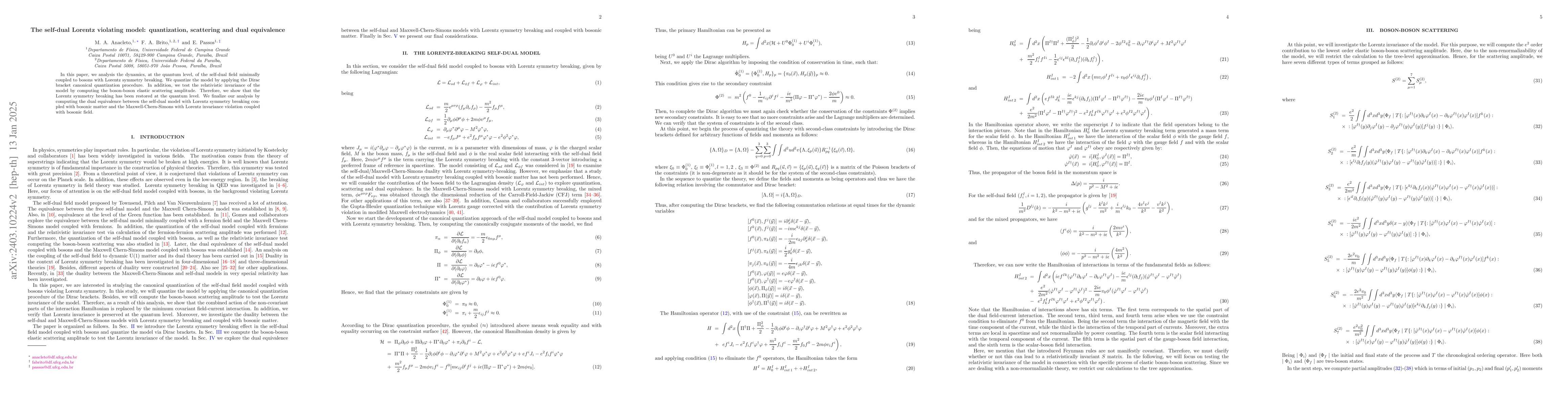 Thumbnail for The self-dual Lorentz violating model: quantization, scattering and dual
  equivalence