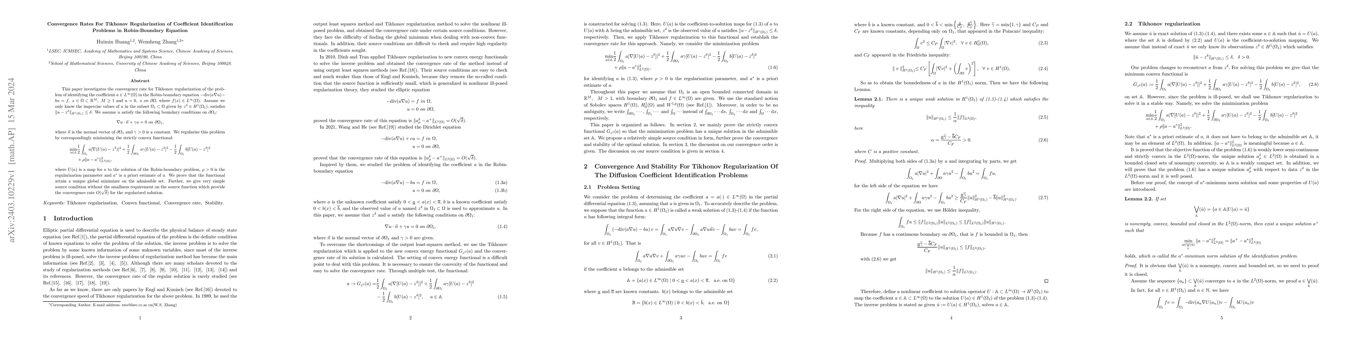 Thumbnail for Convergence Rates For Tikhonov Regularization of Coefficient
  Identification Problems in Robin-Boundary Equation