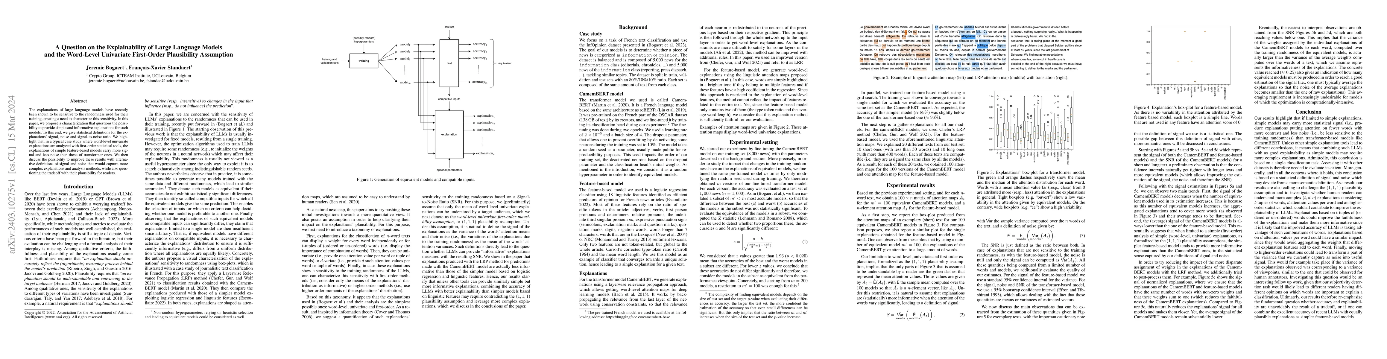Thumbnail for A Question on the Explainability of Large Language Models and the
  Word-Level Univariate First-Order Plausibility Assumption