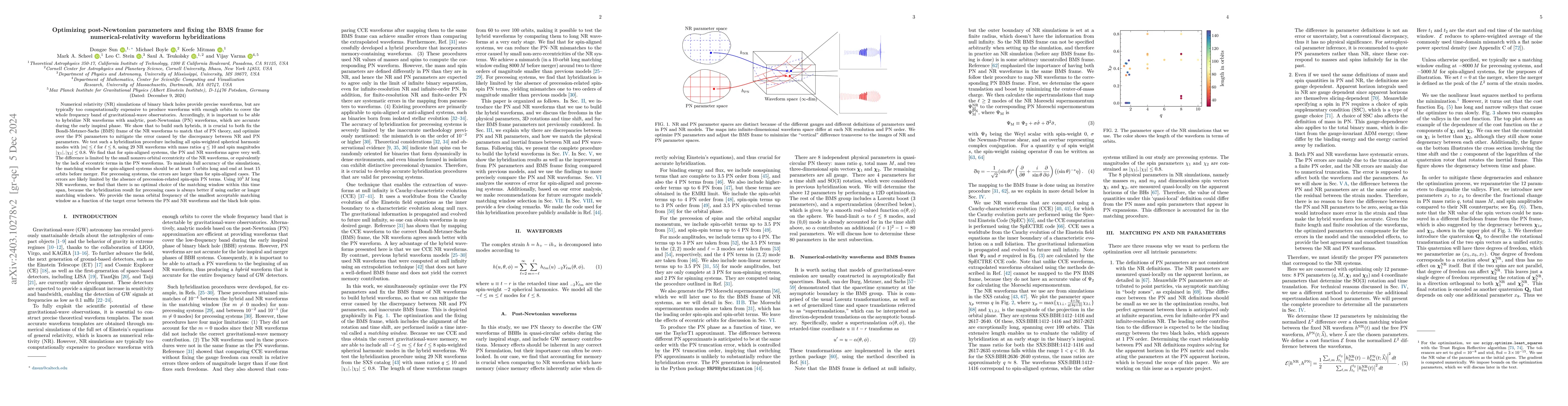 Thumbnail for Optimizing post-Newtonian parameters and fixing the BMS frame for
  numerical-relativity waveform hybridizations